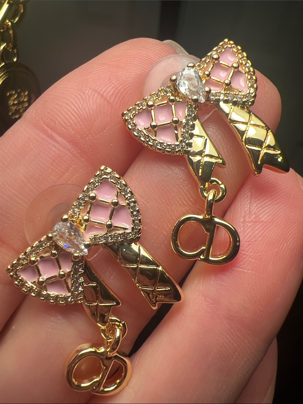 Gold Bow Drop Earrings with Pink Enamel and Crystal Accent